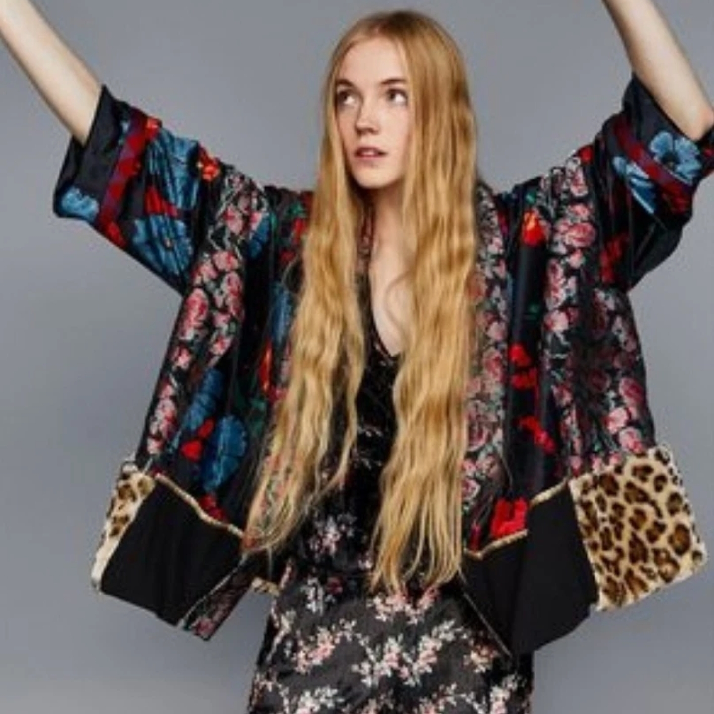 Zara Patchwork Velvet Embroidered Floral Animal Print Faux Fur Kimono Jacket